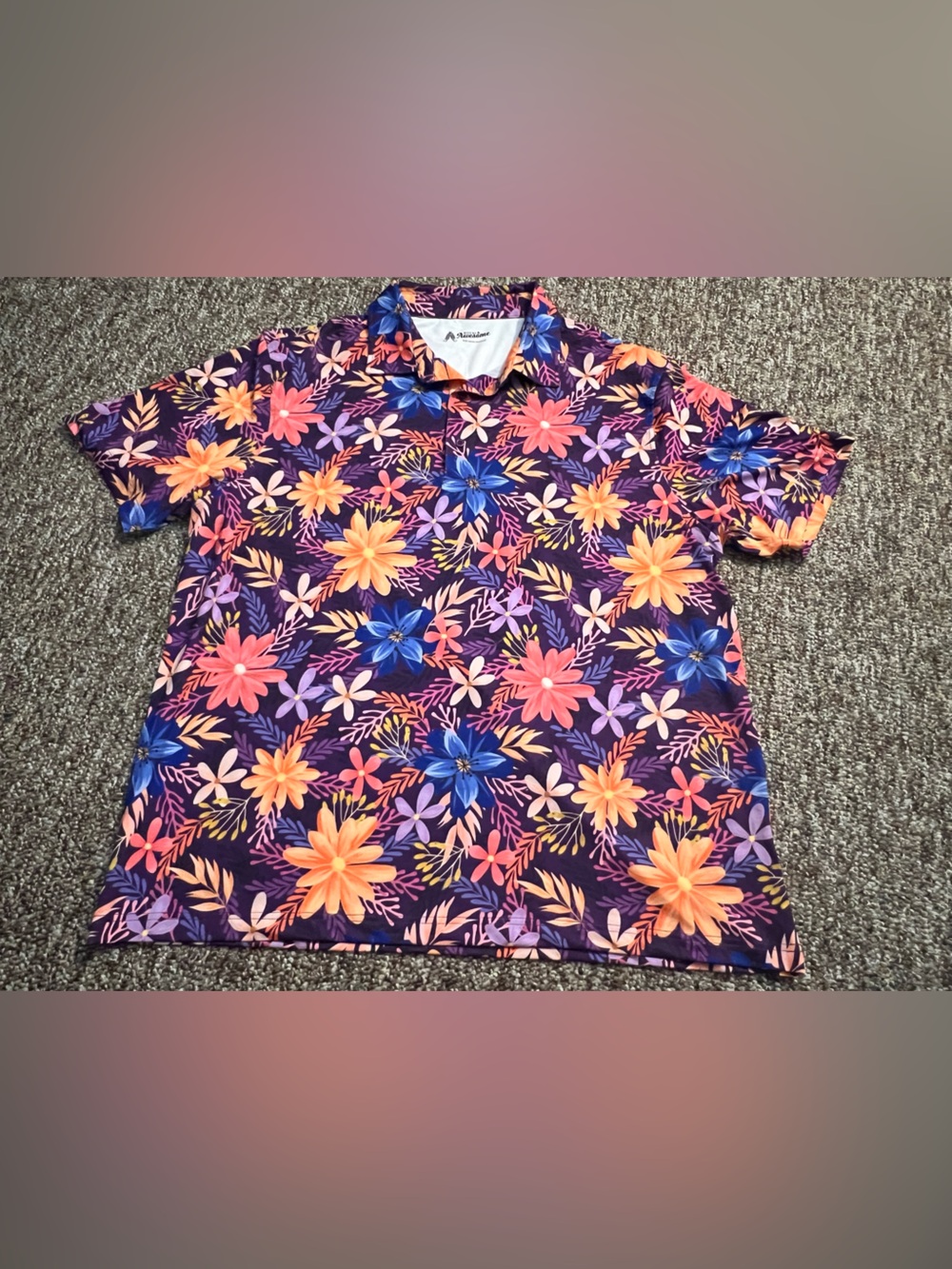 Royal & Awesome Polo Shirt Mens 2XL Purple Floral Hawaiian Golf Short Sleeve